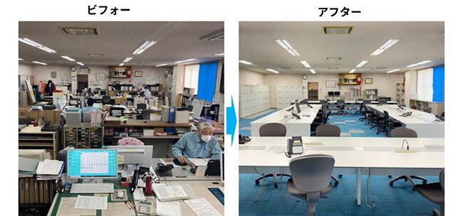 左がフリーアドレス化前、右がフリーアドレス化後のオフィス（北澤工業提供）