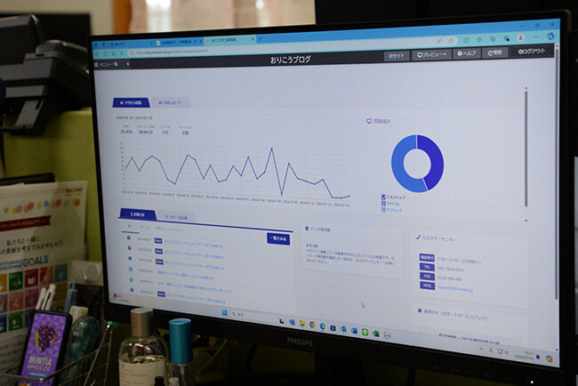 ホームページにはアクセス解析が備わっている。ページごと、日時ごとの閲覧数や頻度、閲覧者の地域などの情報が得られ、これらのデータに応じて更新を行っている
