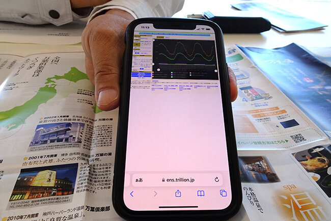 館内の電力や水道の使用状況をスマートフォンの画面でモニタリング。異常があればすぐに原因を特定できる