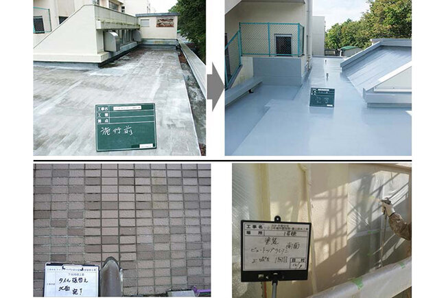 防水工事（写真上段）をスタートに、現在はリフォーム会社の要望を受けタイルの張り替えや塗装も行う（写真下段）