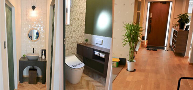 1階の洗面コーナーやトイレ、そして素材確認ができるアプローチ空間