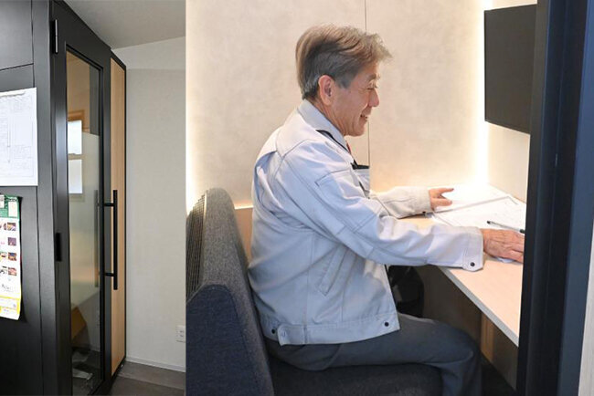 2階にある防音個室の外観と内部。照明や空調も完備している