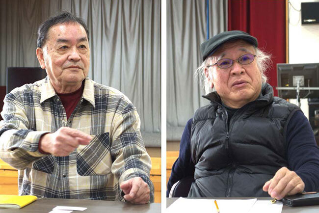 インタビューに応じる「広瀬町二丁目自治会」の山田公男会長（左）と金子博元副会長