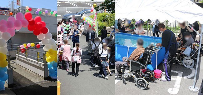 地域との行事「フェスタはばたきの郷」の様子（左：来場者歓迎のゲート、中央：続々と入場する来場者、右：様々なイベントを楽しむ（写真は釣り堀）