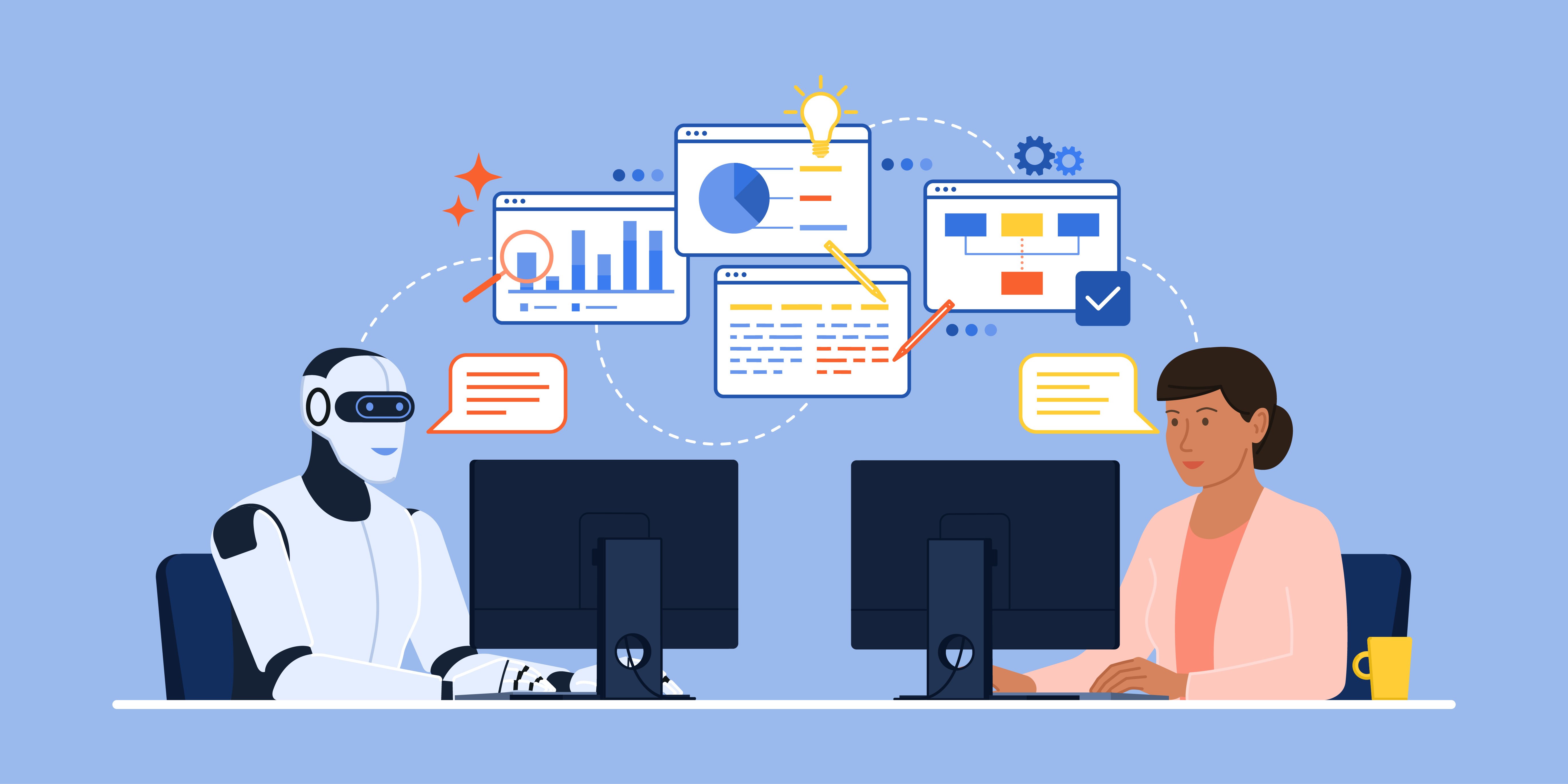 AIと人が画面上のデータを共有しながら協働するイメージ