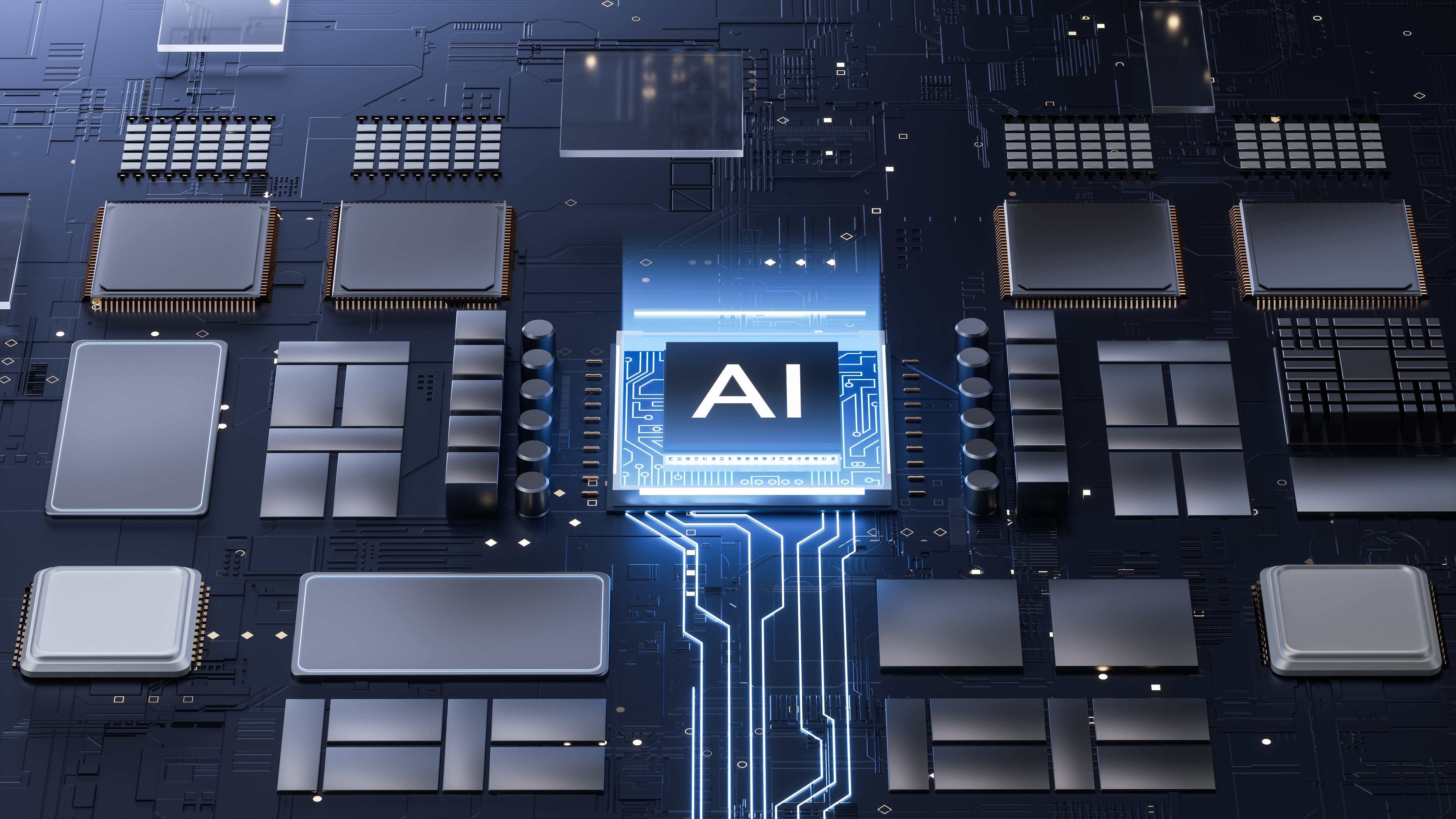 複数チップが搭載された基板上で光るAIチップのイメージ