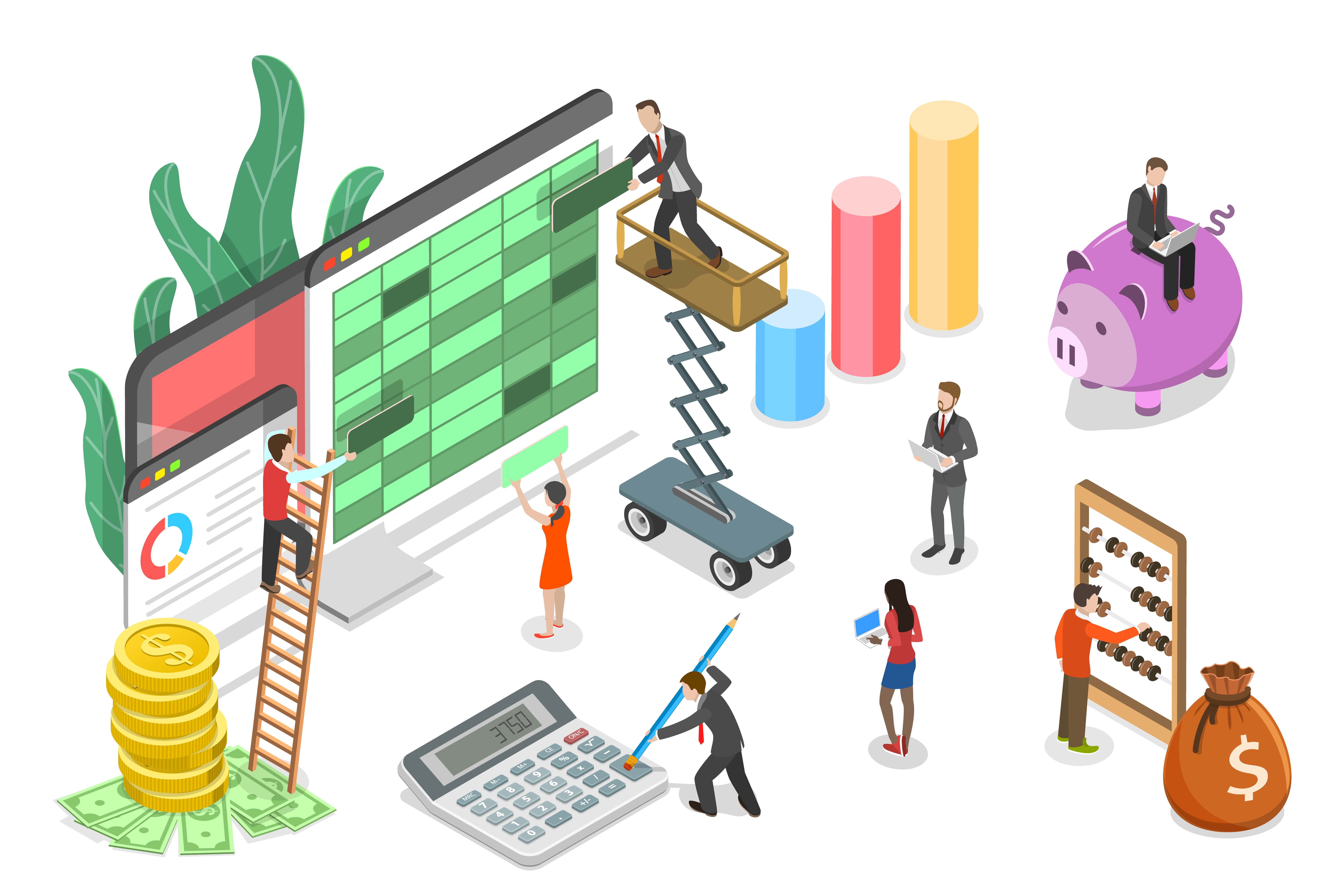 会計データを扱う人々やパソコン画面、電卓、グラフ、コインなどが描かれたイラスト。発生主義会計の概念をイメージしている。
