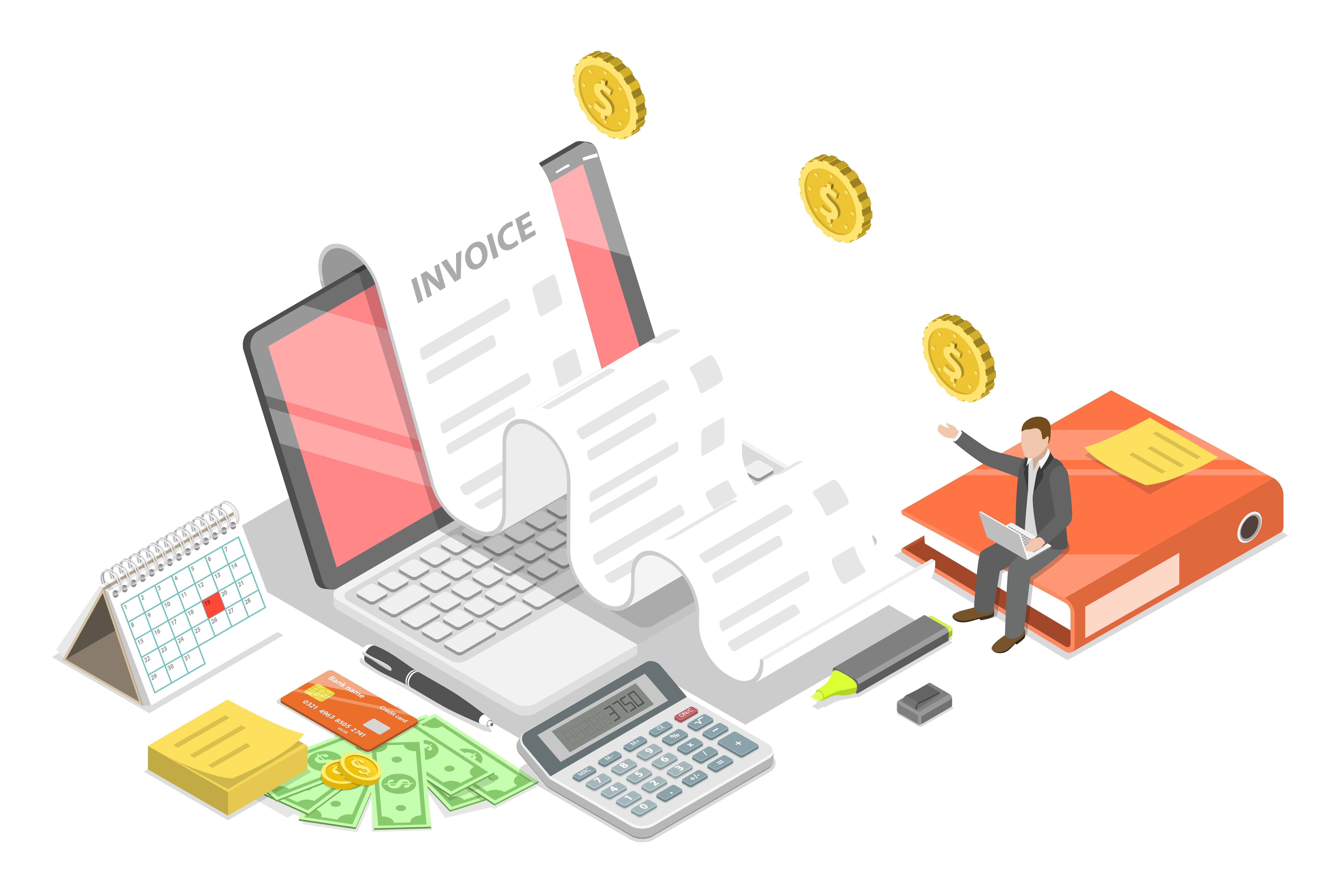 パソコンから請求書が出力され、現金や計算機、書類フォルダが並ぶイラスト。現金主義会計のイメージを表している。