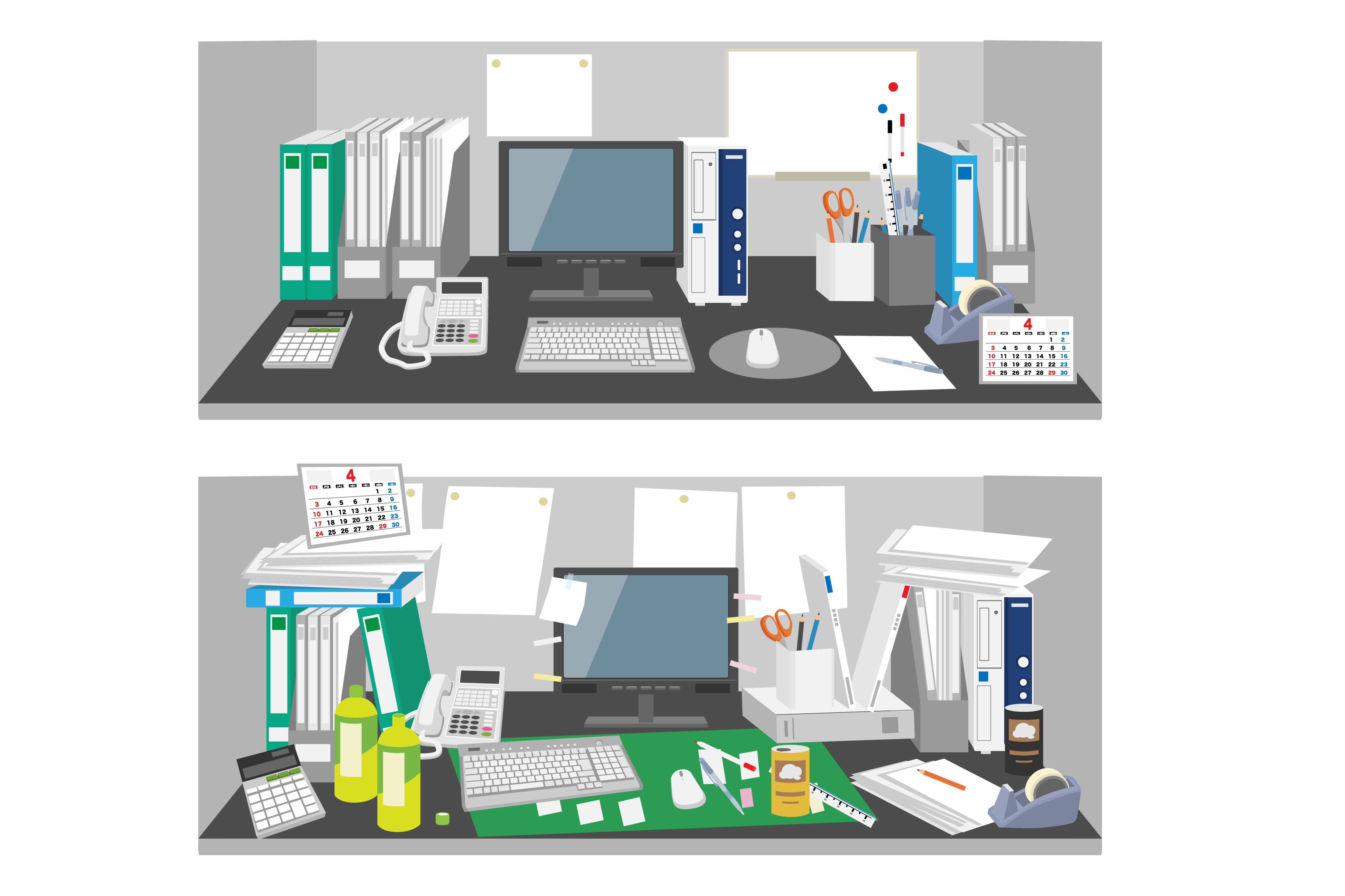 オフィスの整理された机と乱雑な机