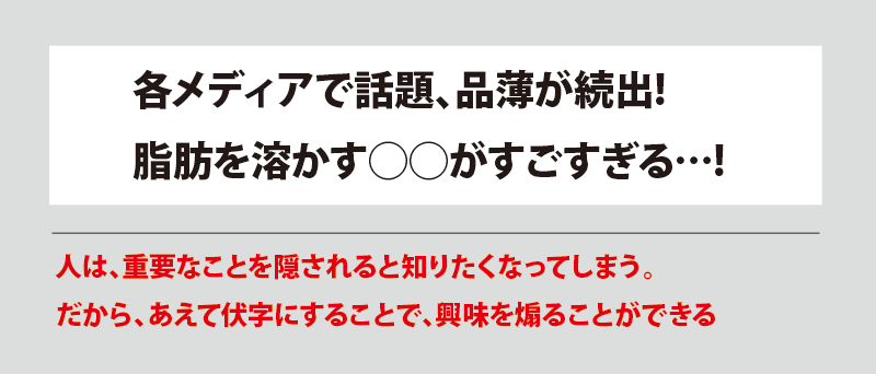 各メディアで話題、品薄が続出！脂肪を溶かす○○がすごすぎる…！人は、重要なことを隠されると知りたくなってしまう。だから、あえて伏字にすることで、興味を煽ることができる