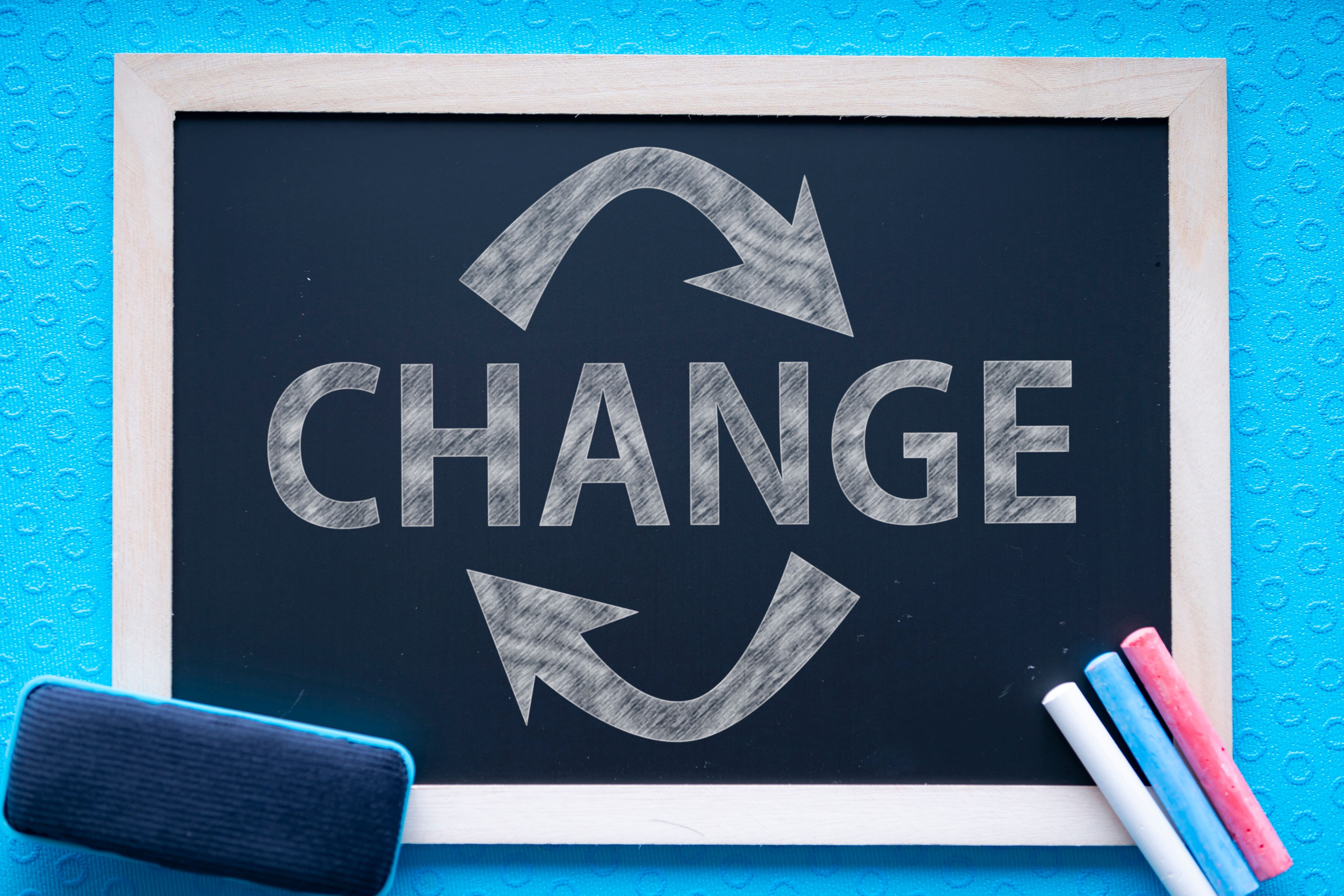 黒板に「CHANGE」と書かれ、矢印で循環を表すイメージ。 リフレーミングを通じて物事の捉え方や考え方を前向きに変えることを象徴する。
