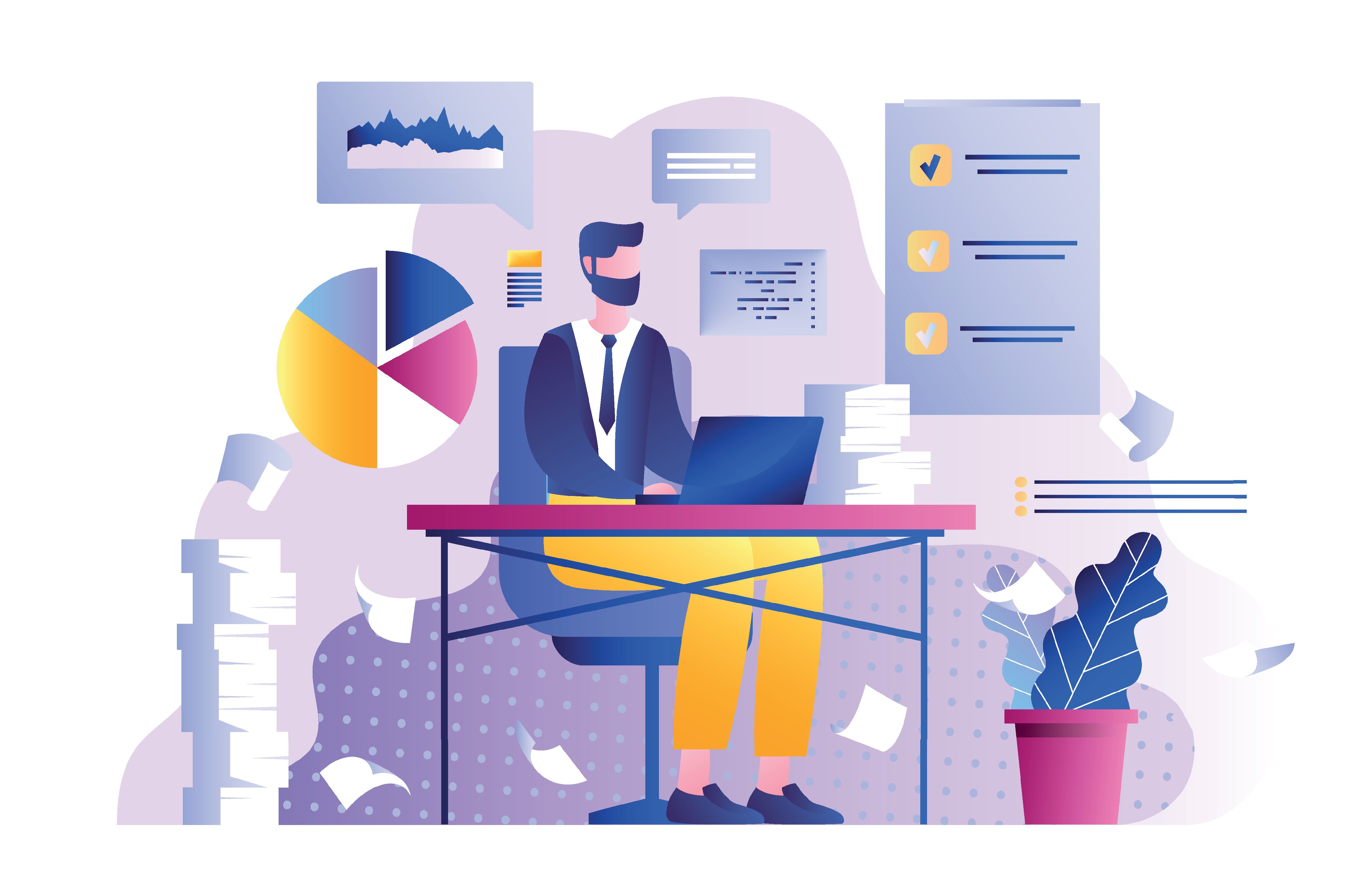 PCを前にマルチタスクをこなすビジネスパーソンのイラスト