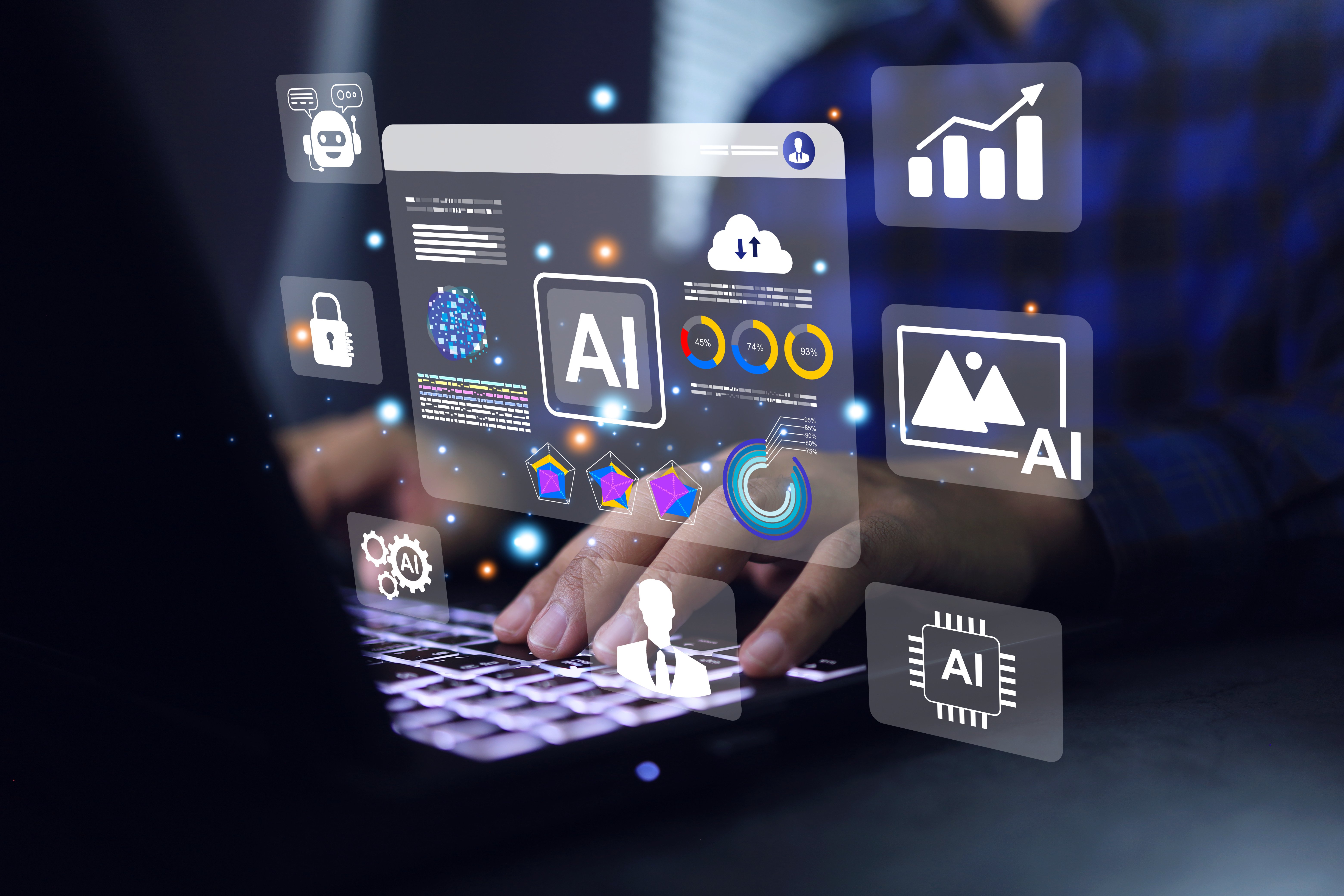 AIとPCによる業務効率化をイメージしたグラフィック