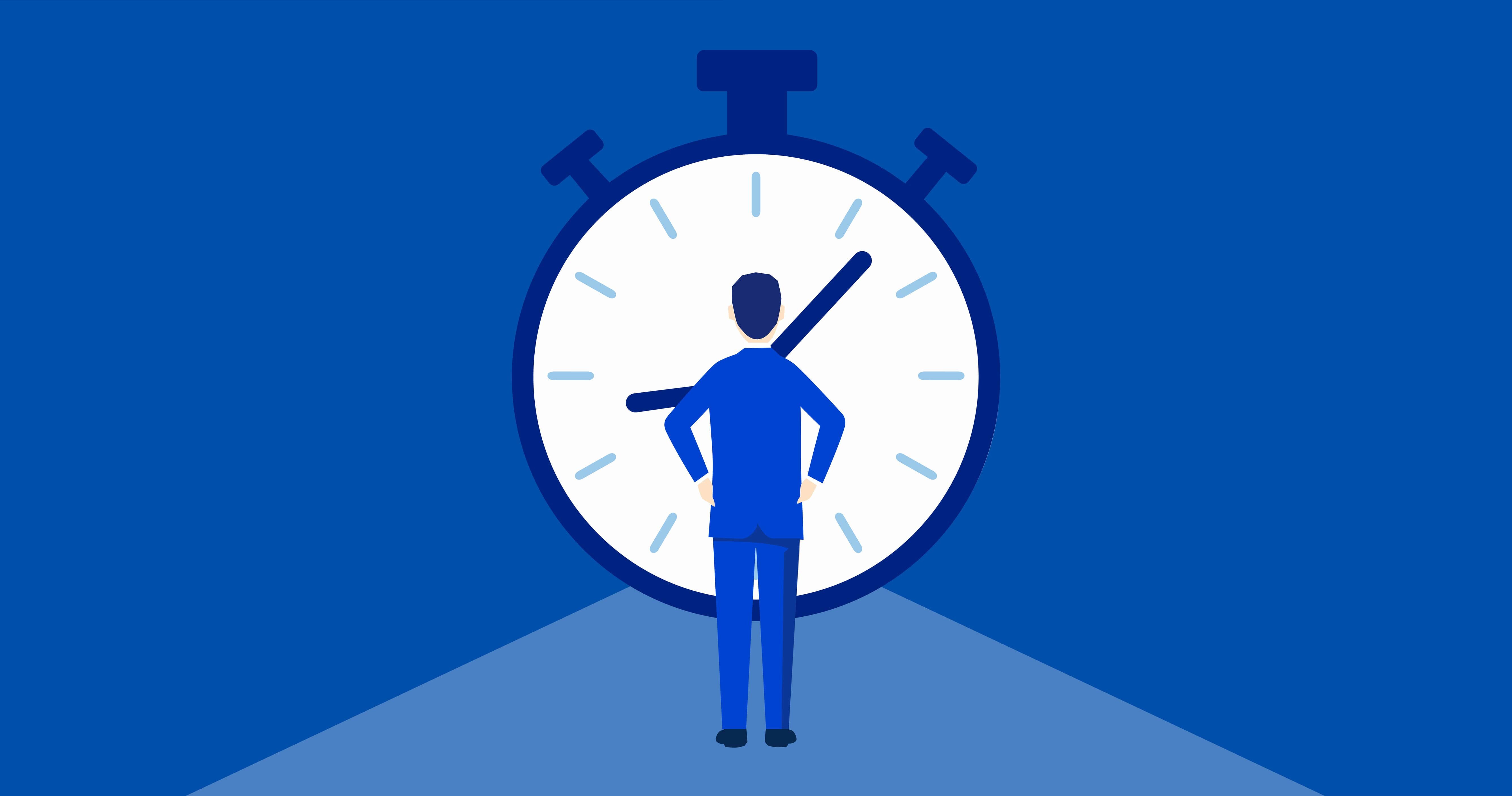 大きな時計の前に立つ人物のイラスト。時間管理や労働時間の意識を表すイメージ。