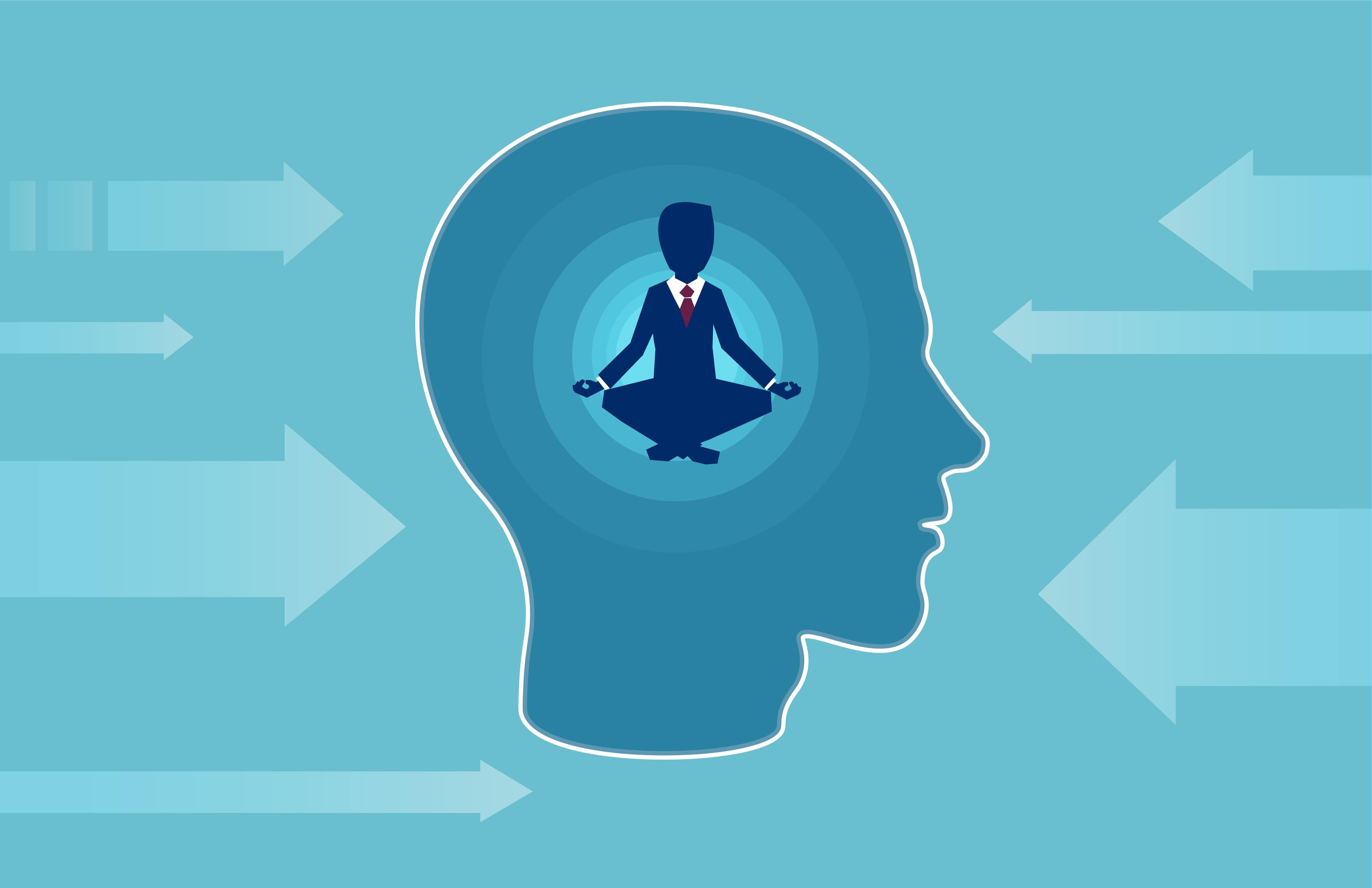 内省的な思考を象徴するイメージ。頭の中にいるビジネスマンが瞑想し、周囲からの矢印による様々な影響を無視して、静かに集中している様子を描いている。