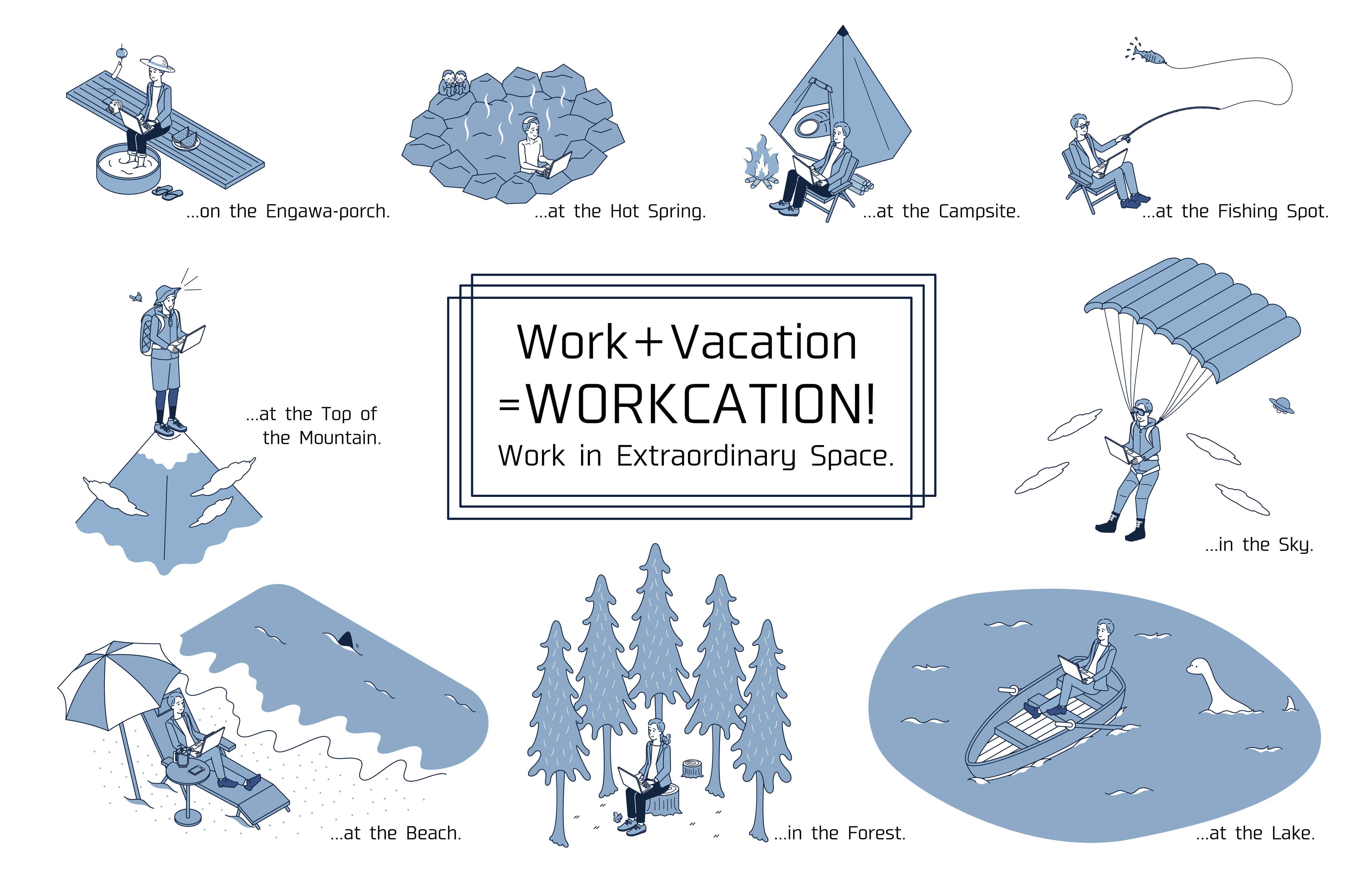 旅先で遊びながら自由に仕事(ワーケーション)をする男性のアイソメイラストのセット