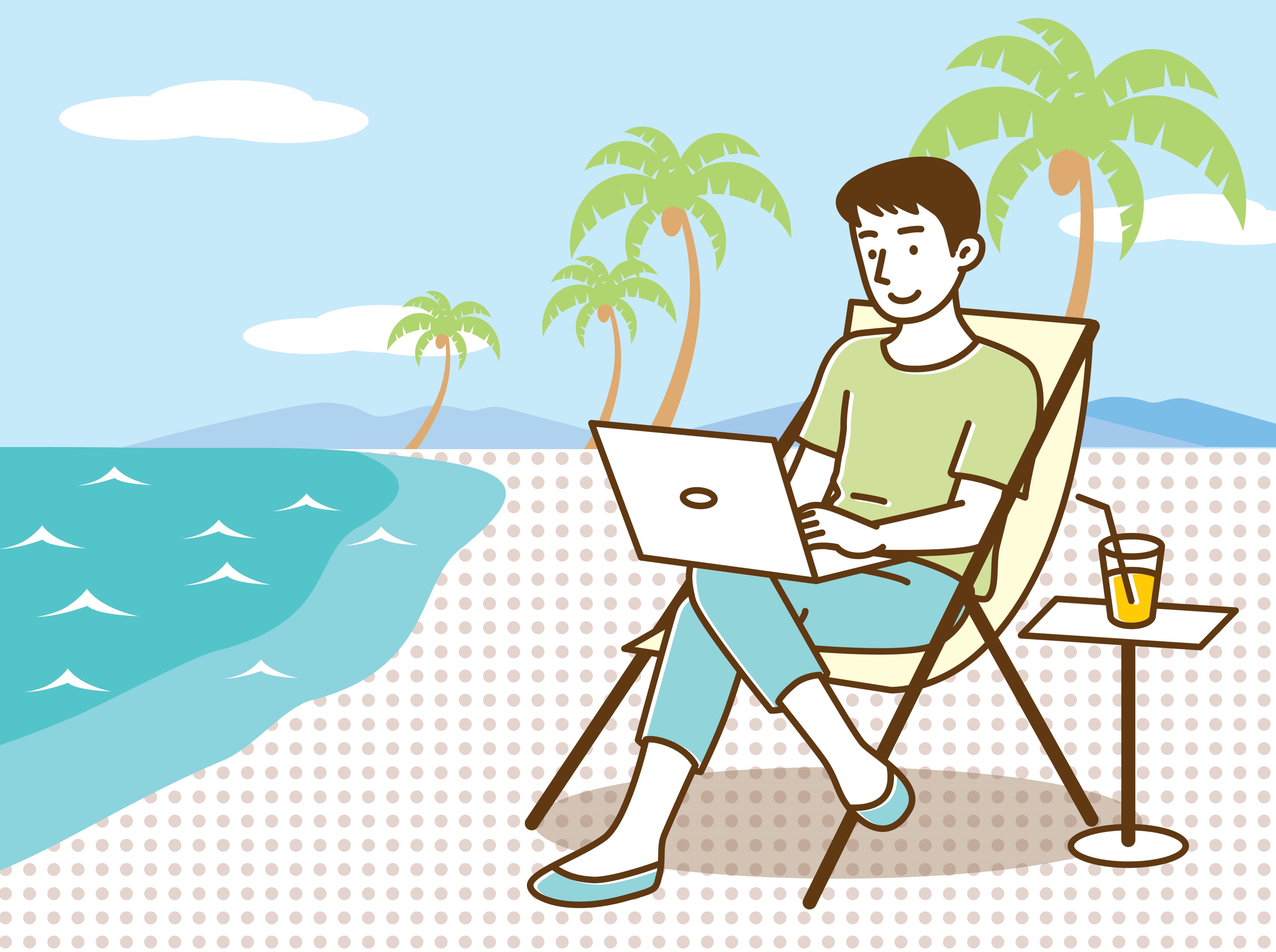 リゾート地でワーケーションを楽しむ男性