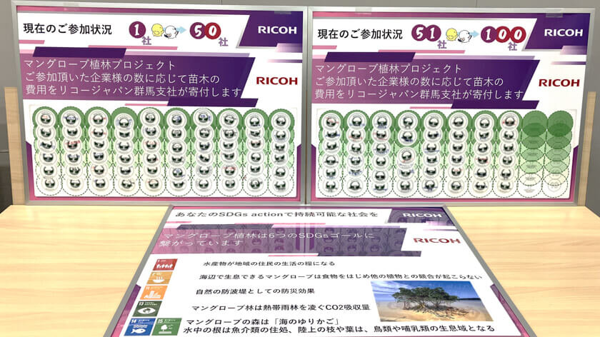 マングローブ植林活動に賛同いただいたらシールに名前を書いて貼っていただく