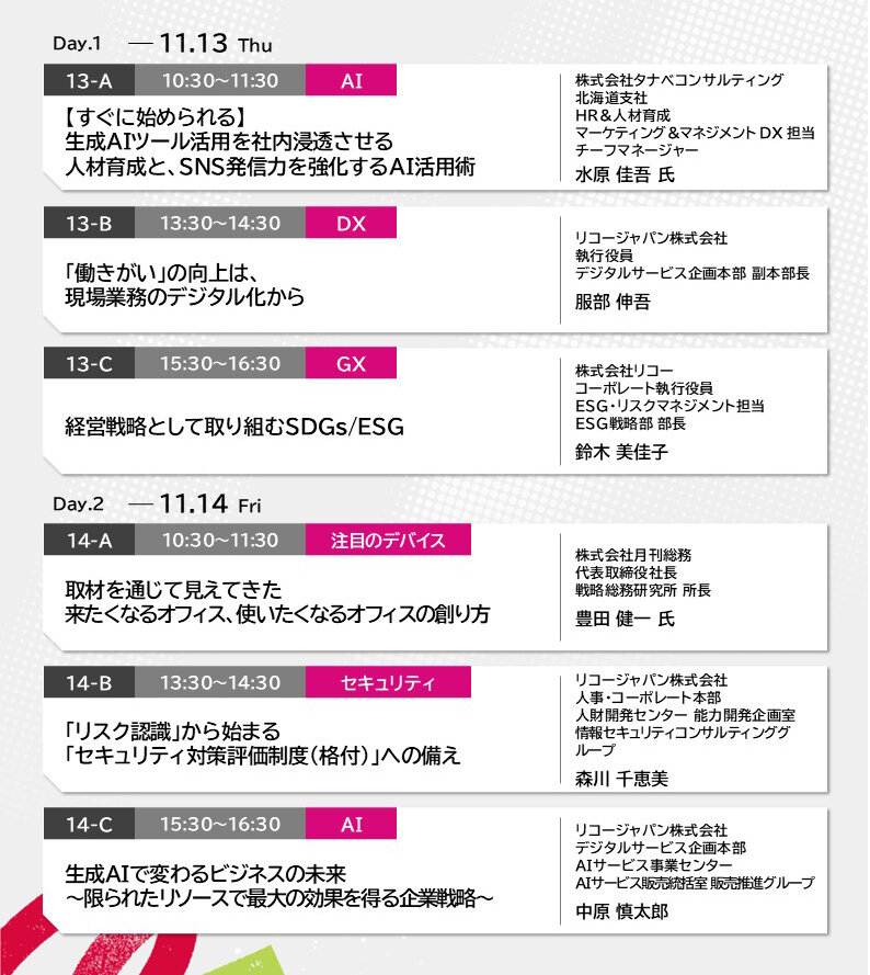 セミナーは2日間で6回実施いたします