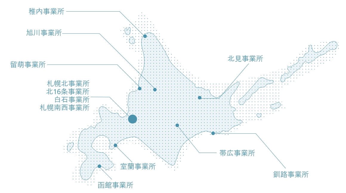 北海道支社の事業所の場所を示した図