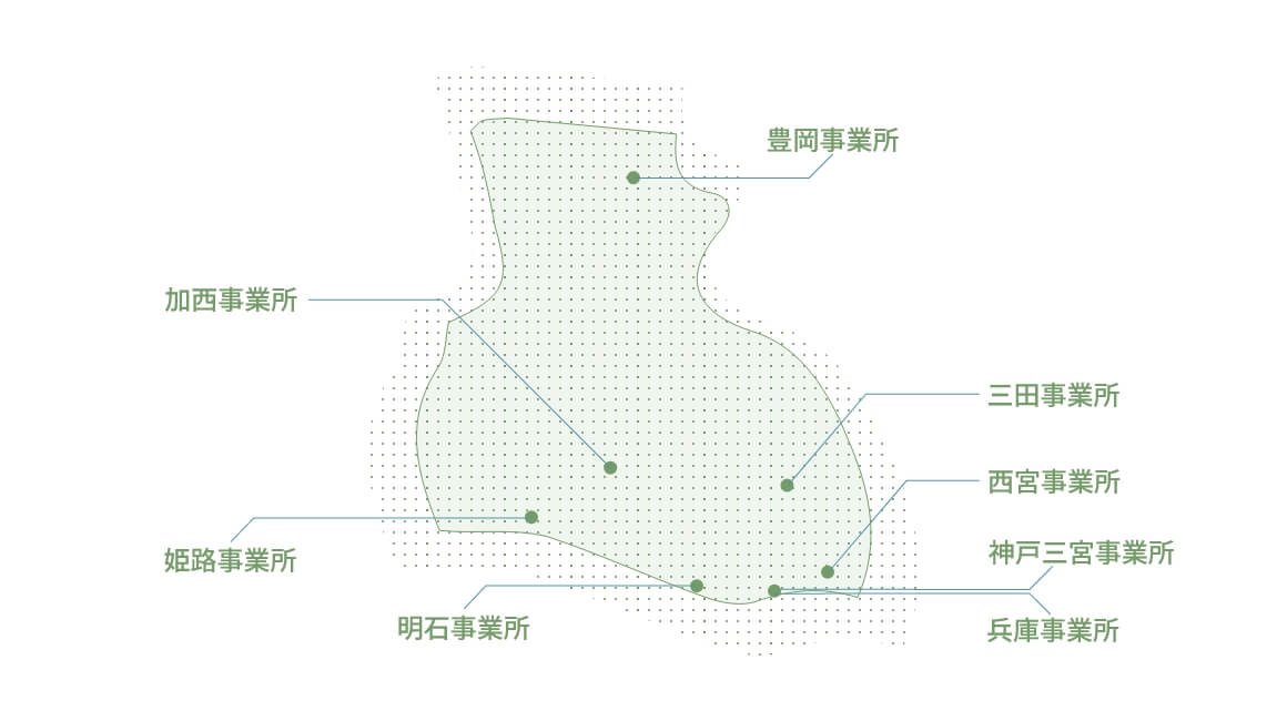 兵庫支社の事業所の場所を示した図