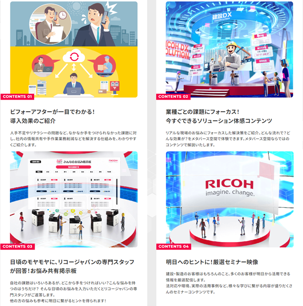 『リコーと歩むDXへの道 inメタバース』の開催期間中に閲覧可能なコンテンツ例を示した図