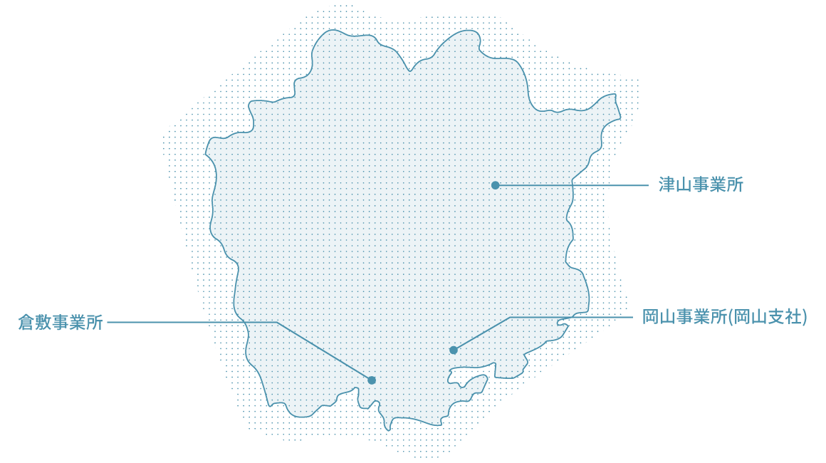 岡山支社の事業所の場所を示した図