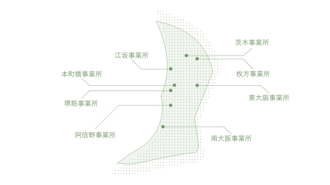 大阪支社の事業所の場所を示した図